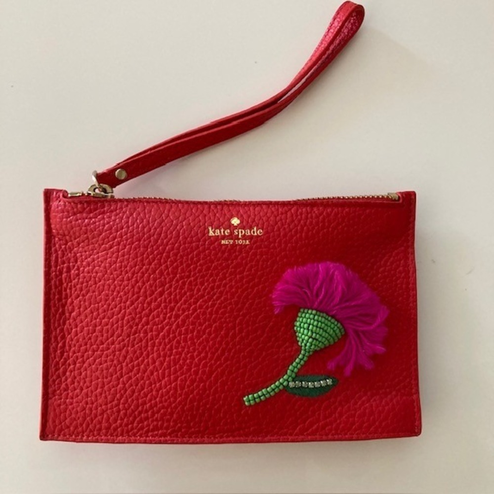 Kate Spade Leather Wristlet Vivid Red On Purpose Prickly Pear With Purple Flower